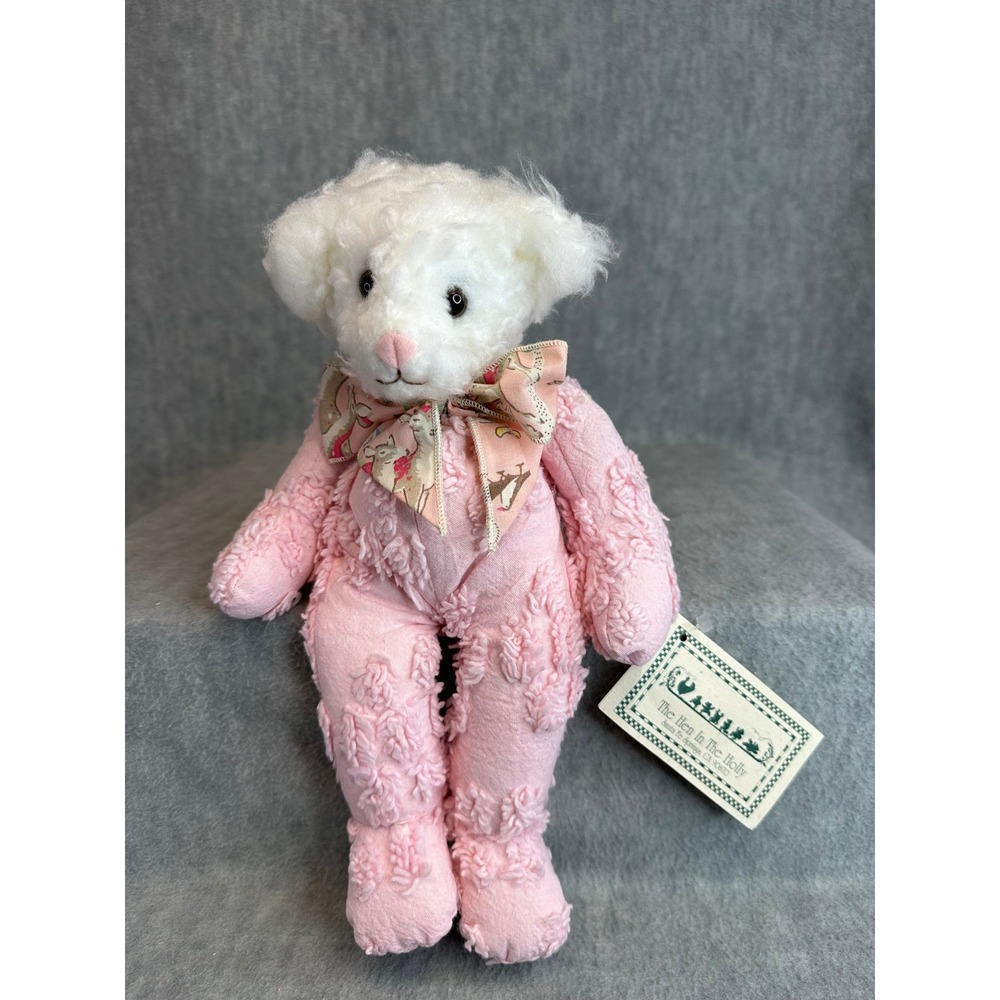 Teddy Bear Vintage Hen In The Holly White Bear Plush Pink Chenille Textured Body